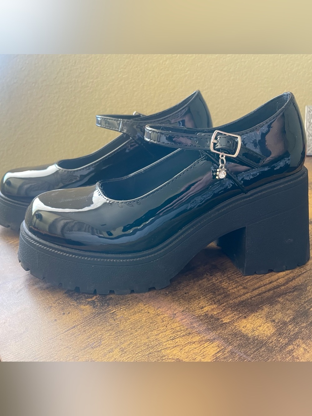 Soda Black Patent Mary Jane Platform Heels with Charm